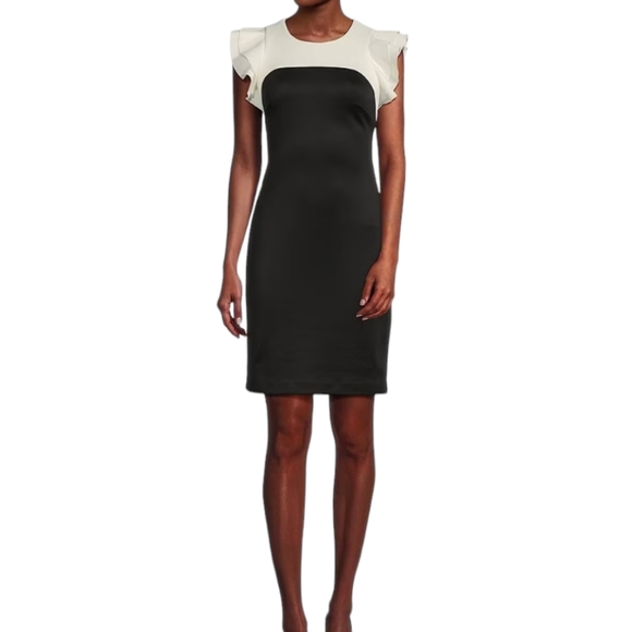 Tommy Hilfiger Nwot White/Black Colorblock Flutter Cap Sleeve Scuba Sheath Dress - Picture 14 of 16
